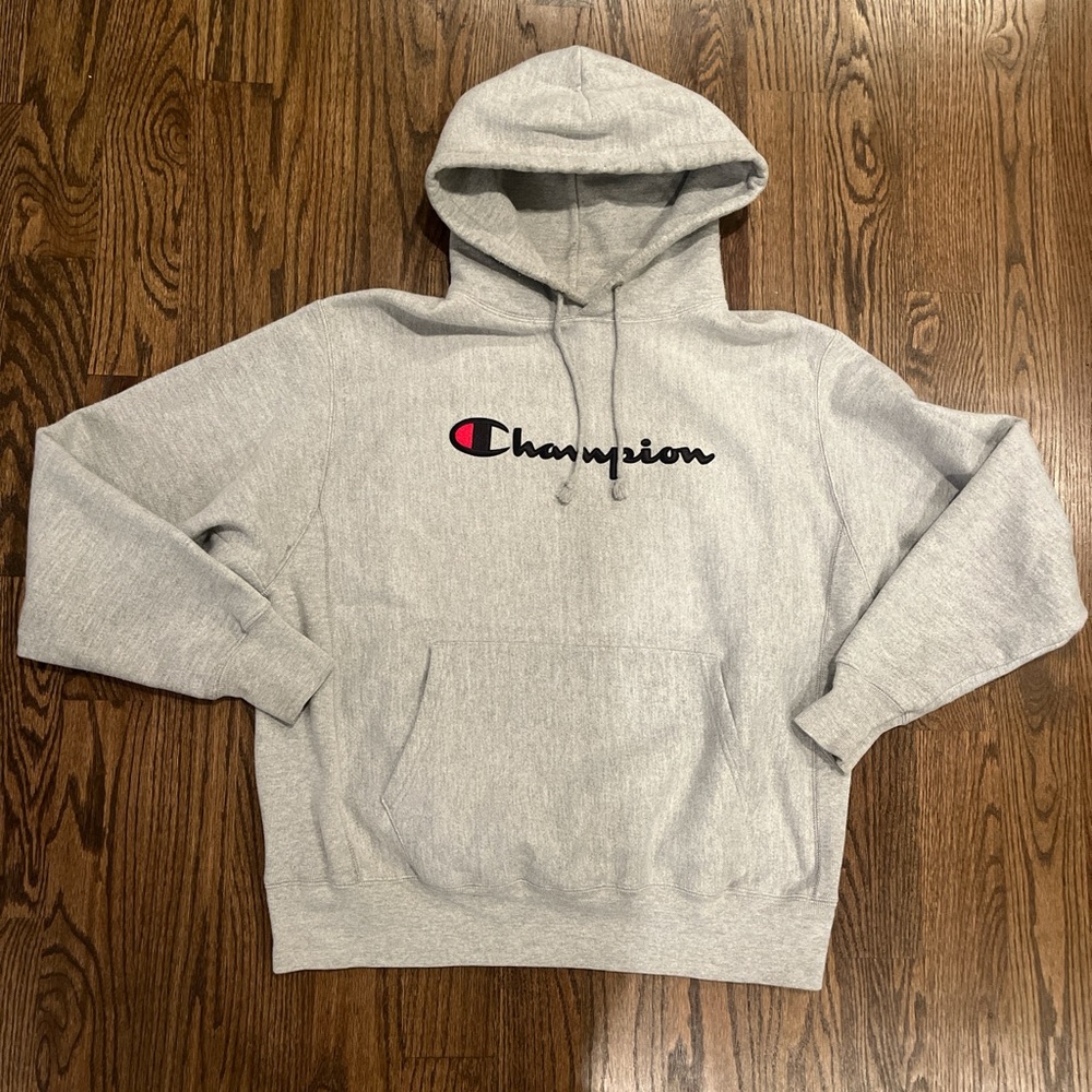 Champion Light Grey Logo Spellout Reverse Weave Hoodie